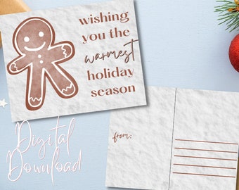 Warmest Wishes Holiday Digital Download Postcard // Gingerbread man Digital Holiday Postcard //warm wishes Christmas card