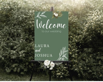 Green Floral Wedding Welcome Template, Floral Theme Wedding Welcome Sign Customizable // Edit in Canva