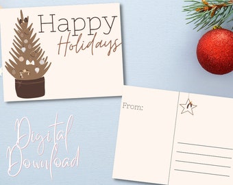 Boho Brown Fun Happy Holidays Postcard // Digital download Holiday Postcard // Boho Christmas card