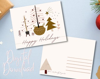 Boho Trees Happy Holidays Digital Download Postcard // Boho Digital Holiday Postcard