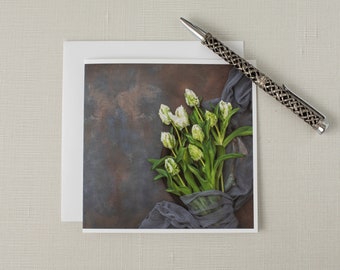 White Tulips on Bronze Letters Note Cards Stationery, Folded, Blank Inside, White Envelope, Boxed Set of 6 or 12