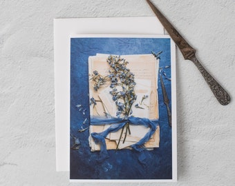 Blue Flowers on Old French Letters Note Cards Stationery, Folded, Blank Inside, White Envelope