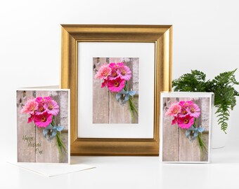 Floral Mother's Day Gift Bundle includes a Matted Print, Set of 6 Notecards, and Greeting Card Featuring a Photograph of Zinnias