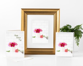 Floral Mother's Day Gift Bundle with Matted Print, Set of 6 Notecards, and Greeting Card Featuring a Photograph of a Bouquet of Zinnias