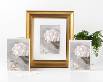 Floral Mother's Day Gift Bundle with Matted Print, Set of 6 Notecards, and Greeting Card Featuring a Photograph of a White Hydrangea