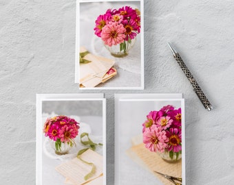 Little Bouquet of Pink Zinnias Note Cards Stationery, Boxed Set of 3 Folded Notecards, White Envelopes, Blank Inside