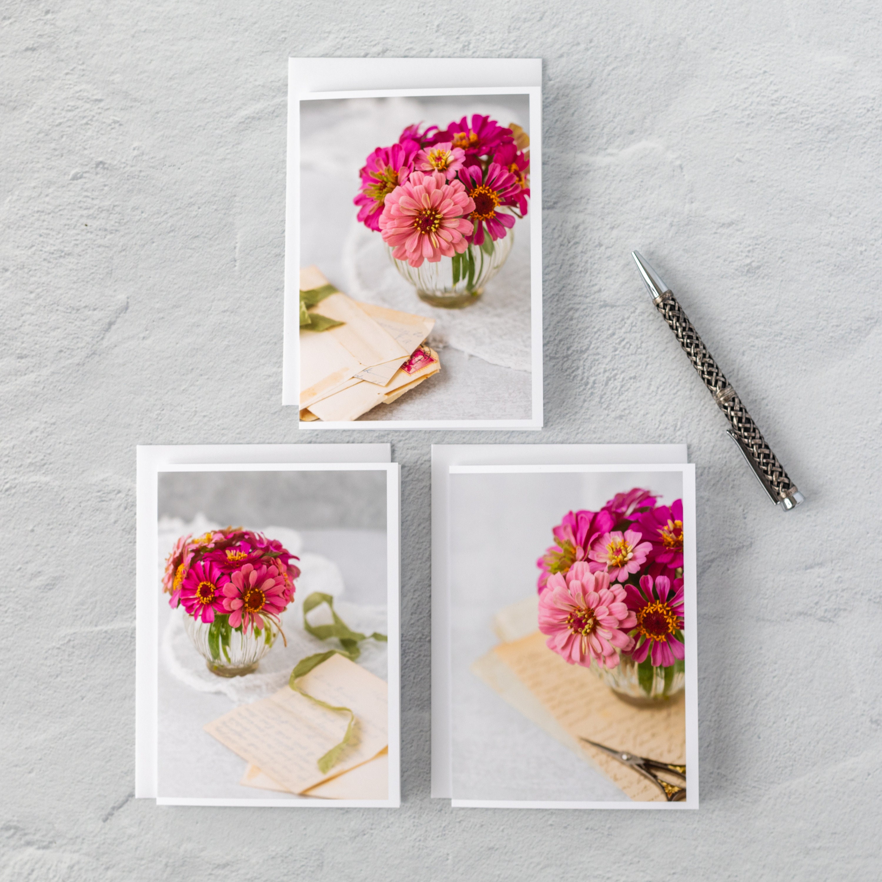 Little Bouquet of Pink Zinnias Note Cards Stationery, Boxed Set of 3 Folded Notecards, White Envelopes, Blank Inside