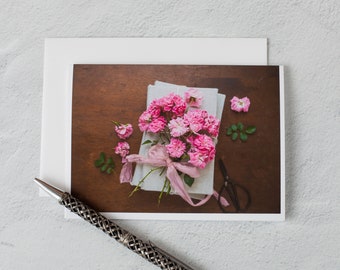 Pink Heritage Roses Note Cards Stationery, Folded, Blank Inside, White Envelope, Boxed Set of 6 or 12