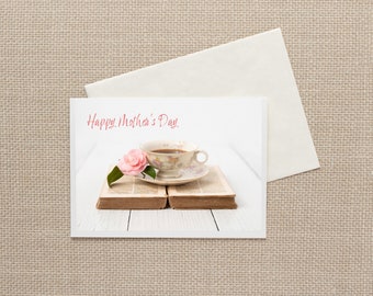 Floral Mothers Day Card, Photograph of Tea Cup and Camellia on Open French Antique Bible, Folded Card with Envelope, Floral