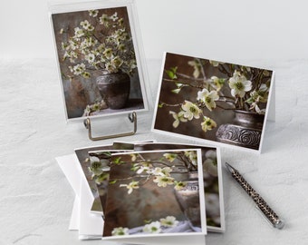 Elegant Dogwood Blossoms in a Silver Vase Stationery Notecards; Set of 6 or 12; Folded