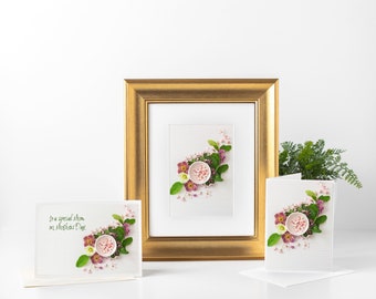 Floral Mother's Day Gift Bundle with Matted Print, Set of 6 Notecards, and Greeting Card Featuring a Beautiful Photograph of Various Flowers