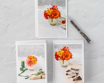 Little Bouquet of Zinnias Note Cards Stationery, Boxed Set of 3 Folded Notecards, White Envelopes, Blank Inside