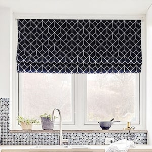 Fabric roman shade, black geometric pattern, linen window treatment, washable shades, installation kit, flat & fold style with cord - Dreamy