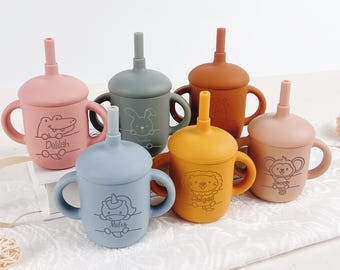Engraved Silicone Sippy Cup, Baby Training Tumbler, Easter & Baby Shower Gift, Toddler Straw Cups