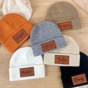 Custom Baby Beanie Hat,Personalized Baby Name Hat,Leather Name Patch Beanie,Knitted Winter Hat,Unisex Baby Hats for Newborn Infant Toddler