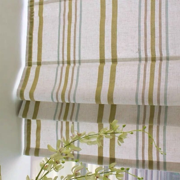 Classic roman shade washable flat and fold, custom option to add blackout lining, Yellow green lake blue woven stripe
