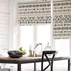 Custom linen fabric shade, easy install roman shade, washable roman shade, fabric blinds, roman shade for kitchen, Ethnic Allusion pattern