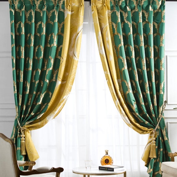 Custom Drape Window Treatment For Bedroom Living Room Curtain A818 Iris Flower With Mustard Yellow Geometric Pattern With Emerald Green