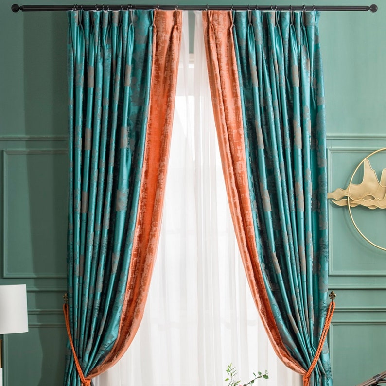 A810 Turquoise Blue Bright Orange 2 In 1 Window Curtain Panel Etsy