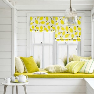 Lemon roman shade, yellow lemon print, linen fabric shade, flat & fold style with cord, installation kit, diy home decor , window treatment