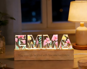 Veilleuse florale personnalisée, lampe lettre, cadeau bébé, décoration de chambre d'enfant, cadeaux de chevet, décoration d'intérieur
