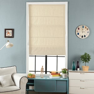 Custom Classic roman shade made, washable Cotton and linen  fabric flat and fold with cord, cream-colored