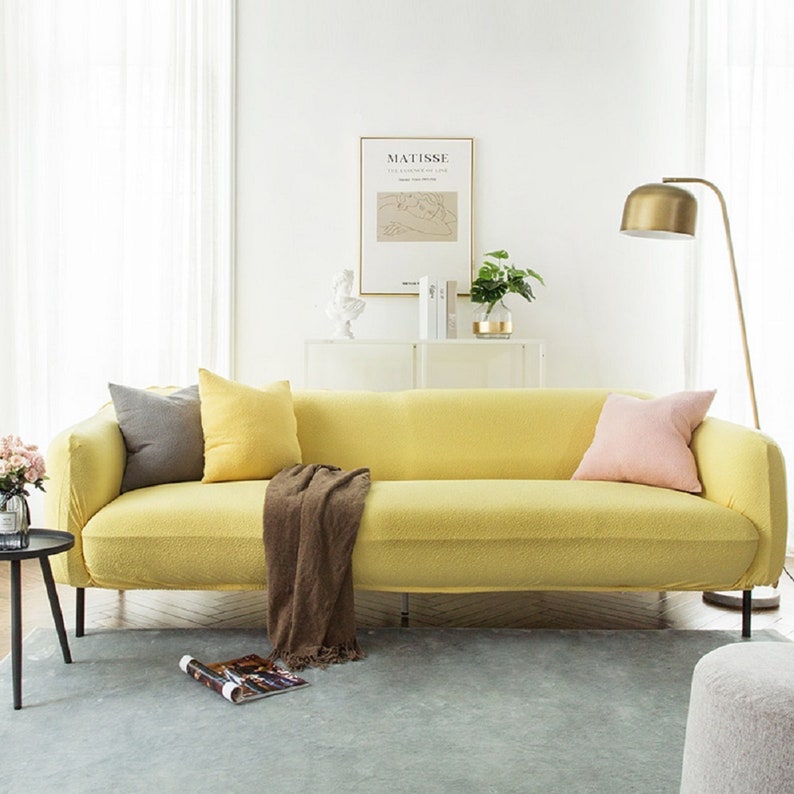 Yellow Plain Color Sofa Cover Jacquard Spandex Fabric Stretch Image 0