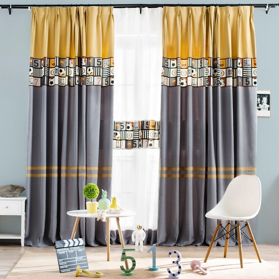 Curtain Panel Drape Curtain Boys Bedroom Window Curtain Blackout Privacy Curtain Earth Yellow And Gray Color Block With Football Pattern
