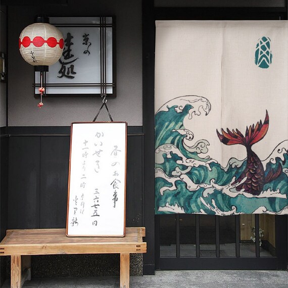 Wave And Whale Noren Curtain Japanese Curtain Doorway Noren Etsy