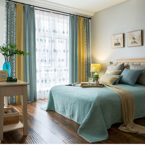 Custom Curtain Panel Bedroom Blackout Drape Elegant Living Room Drapery Privacy Blue Yellow Color Block And Geometric Pattern Blended