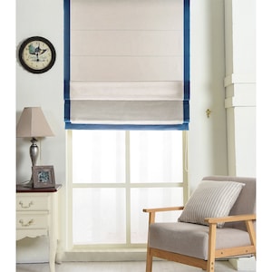 Classic roman shade washable flat and fold, custom option to add blackout lining, Blue Edge Gray Simple Roman Blinds