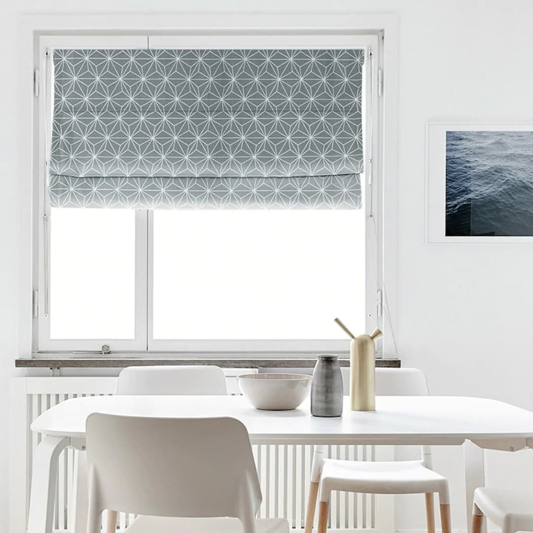 Custom Roman Shade, Blue Gray Color Shade, Flat & Fold With Cords