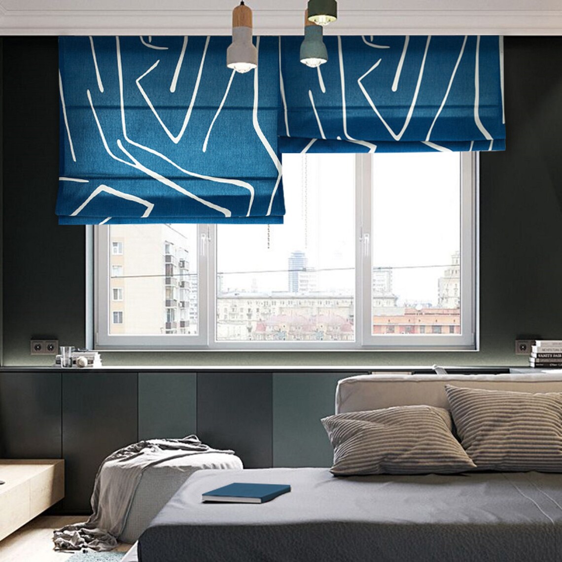 Custom Roman Shade Fabric Roman Shade Ready to Install Blue Etsy