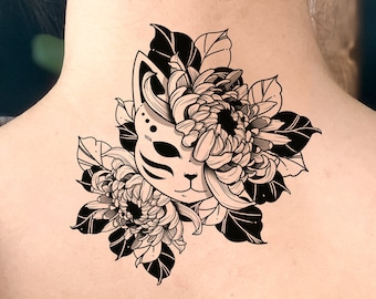 Temporary Tattoo/Kabuki Mask/Floral Tattoo/ Feminine Tattoo