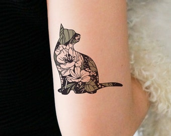 Temporary Tattoo/Cat Flower Tattoo/Floral Tattoo/ Feminine Tattoo