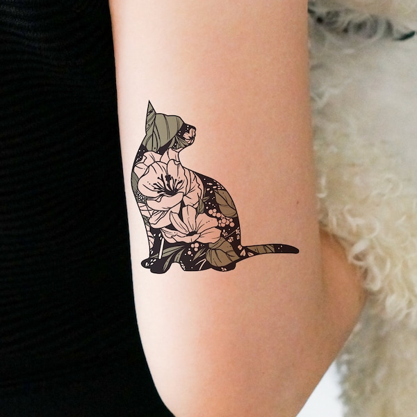 Temporary Tattoo/Cat Flower Tattoo/Floral Tattoo/ Feminine Tattoo