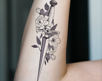 Temporary Tattoo/Dagger 4.5"/Floral Tattoo/ Feminine Tattoo