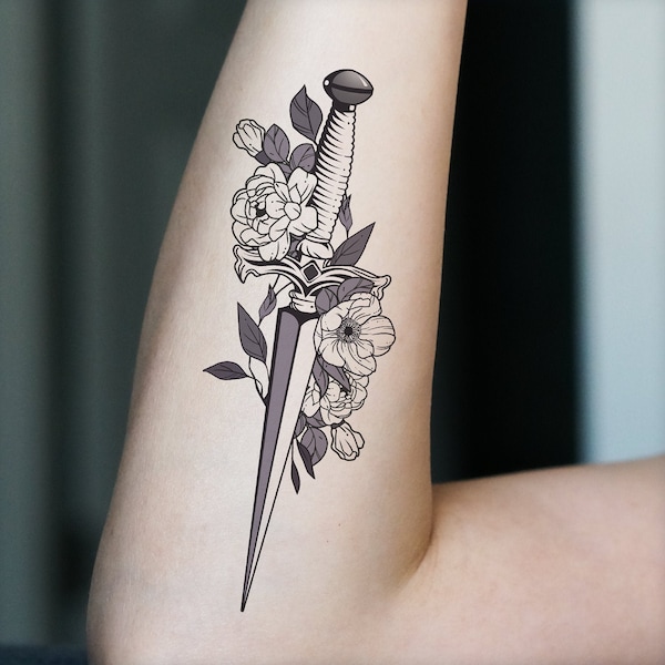 Temporary Tattoo/Dagger 4.5"/Floral Tattoo/ Feminine Tattoo