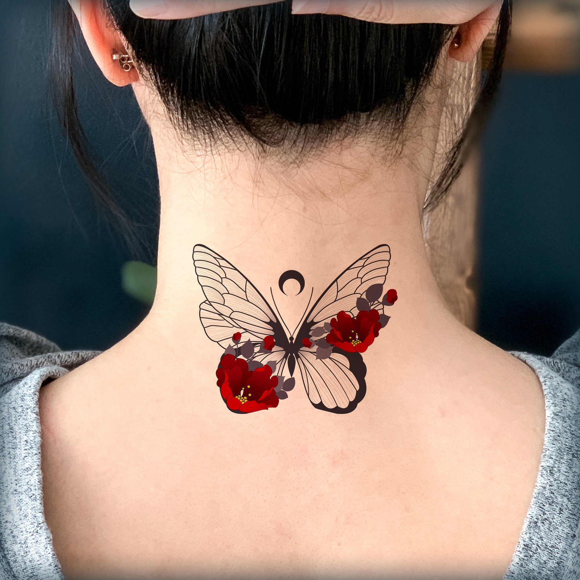 Floral Red butterfly neck tattoo