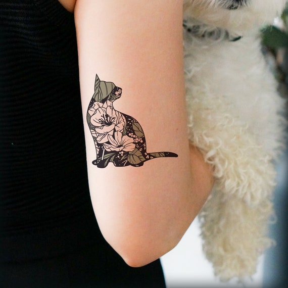 Temporary Tattoo/cat Flower Tattoo/floral Tattoo/ Feminine - Etsy Temporary Tattoo/cat Flower Tattoo/floral Tattoo/ Feminine - Etsy