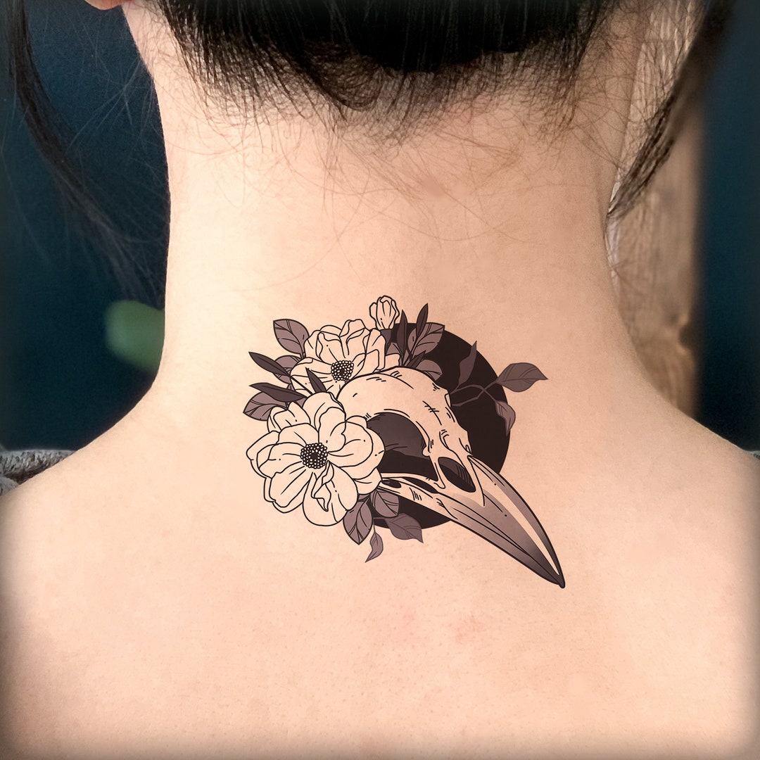 Temporary Tattoo/crow Skull Tattoo/floral Tattoo/ Negative Space Tattoo ...