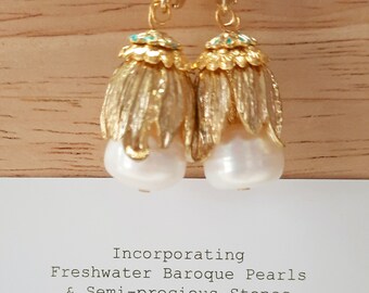 Flower Bud Earrings with Freshwater Baroque Pearls