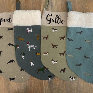 May include: Three personalized Christmas stockings with a dachshund pattern. The stockings are in beige, green, and blue with white faux fur trim. The names "Spud", "Gallie", and a third name are embroidered on the stockings.