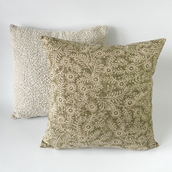 Neptune 'Orla' Moss Green Thistle Pattern Fabric Handmade Cushion Covers
