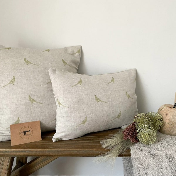 PHEASANT - Green Bird Pattern Linen Modern Farmhouse Cushion Covers