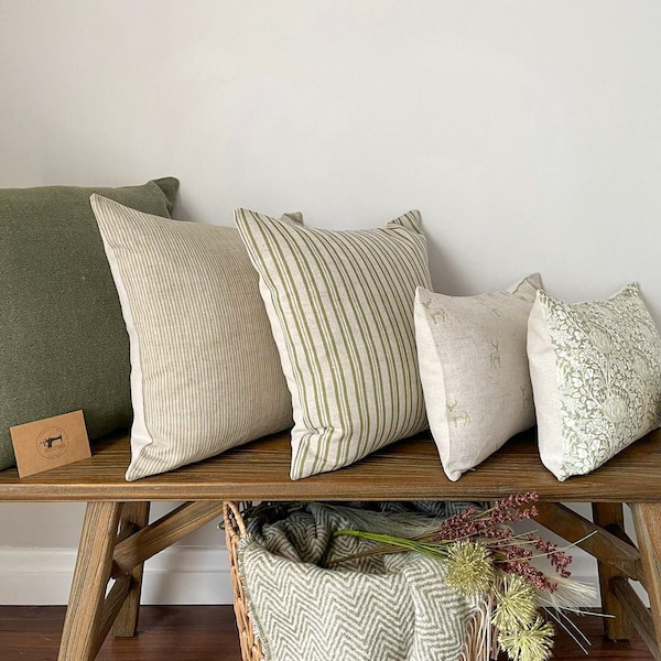 Green Linen Modern Farmhouse Cushion Covers