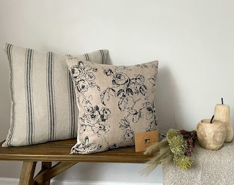 FLOWERS & STRIPES - Charcoal Pattern Linen Modern Farmhouse Cushion Cover Bundle