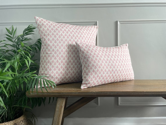 ROWAN (Dusky Pink) - Leaf Print Linen Modern Farmhouse Cushion Covers