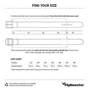 May include: A size chart for belts, showing how to measure your waist for the correct belt size. The chart shows measurements in inches and centimeters, from 32 inches to 44 inches.
