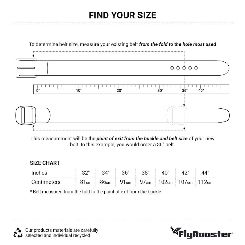 May include: A size chart for belts, showing how to measure your waist for the correct belt size. The chart shows measurements in inches and centimeters, from 32 inches to 44 inches.